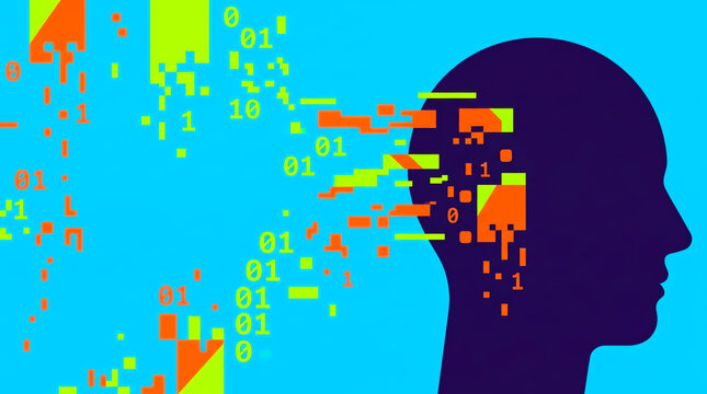 Binary data glitch in head. Digital mind malfunction concept.