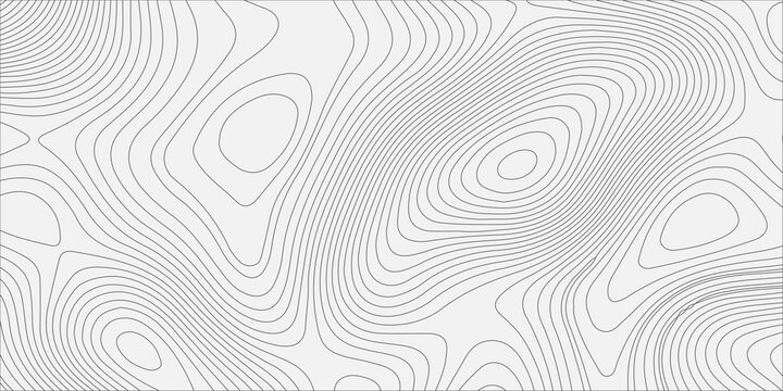 Topographic map background with abstract gray lines. Minimalist vector pattern simulates geographic terrain, elevations, and valleys, smooth, curved gray contour lines on a clean white surface.