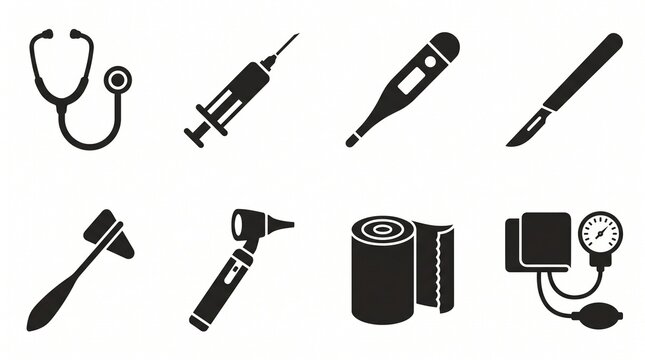 Medical equipment and diagnostic tools icon set. Black vector symbols of stethoscope, syringe, digital thermometer, scalpel, reflex hammer, otoscope, bandage roll, and tensiometer.