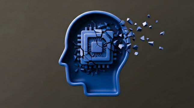 Broken chip inside human head. Technology failure and system error concept.