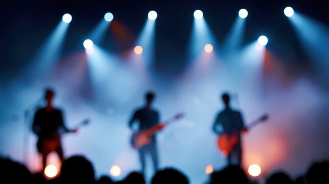Blurred rock band performing live on stage with dramatic blue and orange spotlights