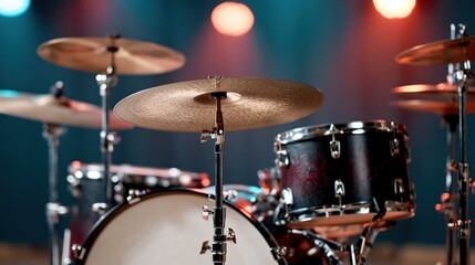 Fototapeta premium Close-up of a professional drum kit on a concert stage with dramatic lighting