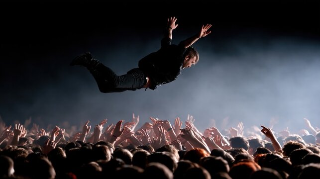 Man crowd surfing at a rock concert, arms outstretched to the cheering audience