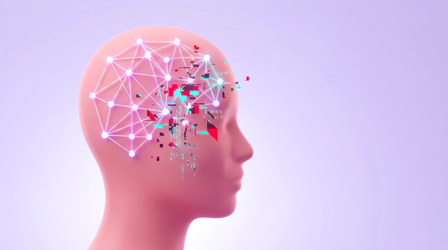 Neural network head banner. Digital brain glitch and data concept.
