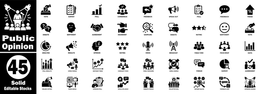 Public opinion icons set for survey analysis and feedback on transparency and consensus data vector collection.