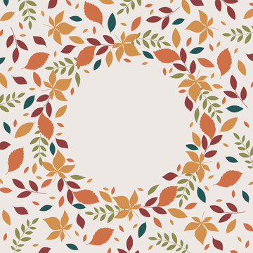 Decorative seasonal background and square frame made of colorful autumn leaves and branches with circular copy space. Elegant vector template for fall greeting cards, invitations, and graphic design