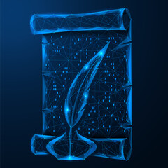 The pen is in the inkwell next to the scroll. The concept of knowledge preservation, digital education, creativity and information transfer. Polygonal design, blue background. © Ilya