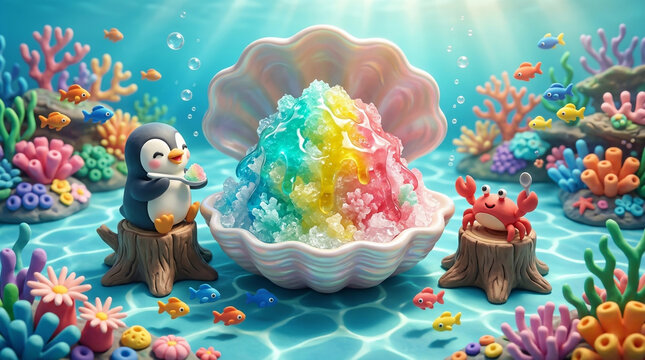 3D clay illustration of a cute penguin and a crab eating rainbow-colored shaved ice served in a giant pearl shell on the ocean floor. Magical underwater summer dessert party concept.
