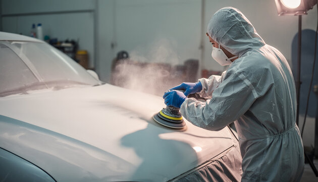 Auto mechanic in protective overalls and respirator mask using an electric rotary polisher machine to buff and polish the hood of a car in a professional garage workshop