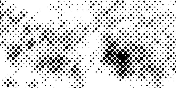 Abstract black and white halftone background with irregular round dots grid pattern retro pop art design, circle textures minimalist monochrome spotted backdrop vector layout.