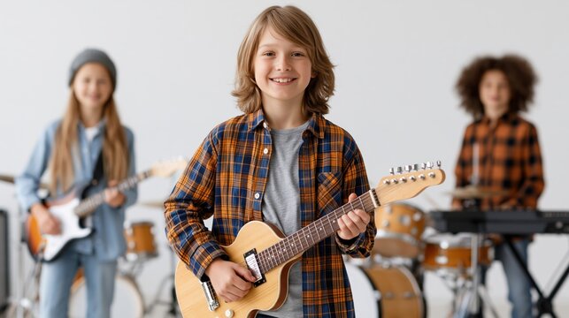 Children's rock band practicing in a rehearsal room with guitars and drums