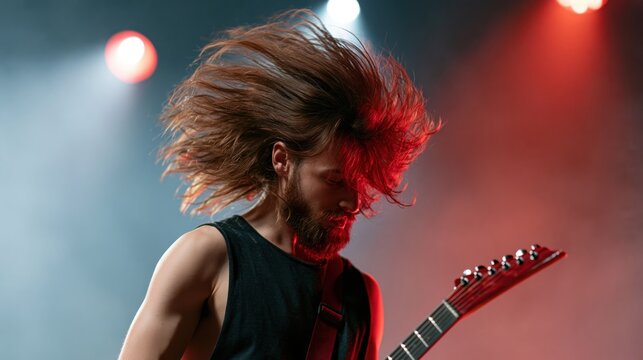 Long-haired male guitarist headbanging intensely during a loud rock concert performance