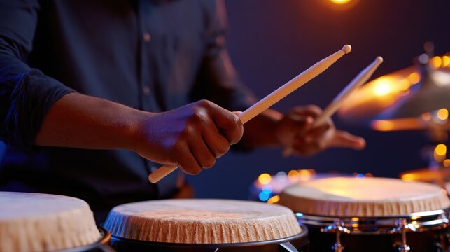 Close-up of a percussionist's hands playing hand drums with sticks in moody lighting