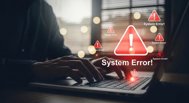Person typing laptop with System Error warnings and technical issues