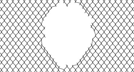 Damaged chain link fence with ripped opening in the center. Vector illustration of torn wire mesh barrier symbolizing escape, break in or security failure. © Ivan Burchak