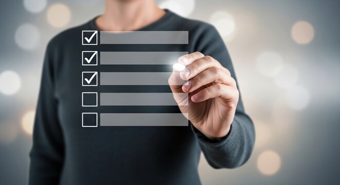 Hand tapping checklist on virtual screen for task management and productivity