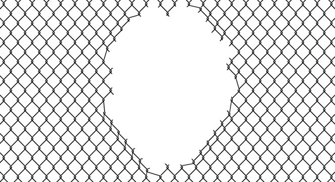 Damaged chain link fence with ripped opening in the center. Vector illustration of torn wire mesh barrier symbolizing escape, break in or security failure.