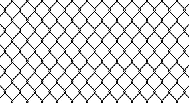 Close up view of chain link fence mesh in black outline style. Geometric wire pattern for industrial, construction or security themed designs.