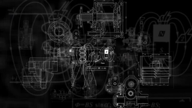 Animated physics and mechanical engineering blueprints with electromagnetic schematics on black technical background