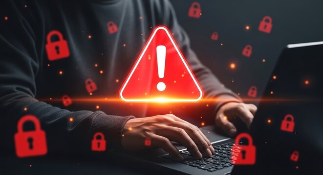 Cybersecurity Warning: Person Typing on Laptop with Red Alert Sign and Lock Icons