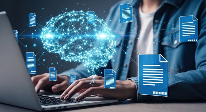 AI-Driven Document Processing with Digital Brain and Laptop Concept