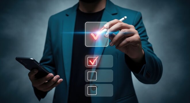 Businessman Approving Digital Task with Stylus on Transparent Screen