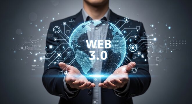 Businessman Presenting Web 3.0 Digital Globe with Futuristic Tech Elements