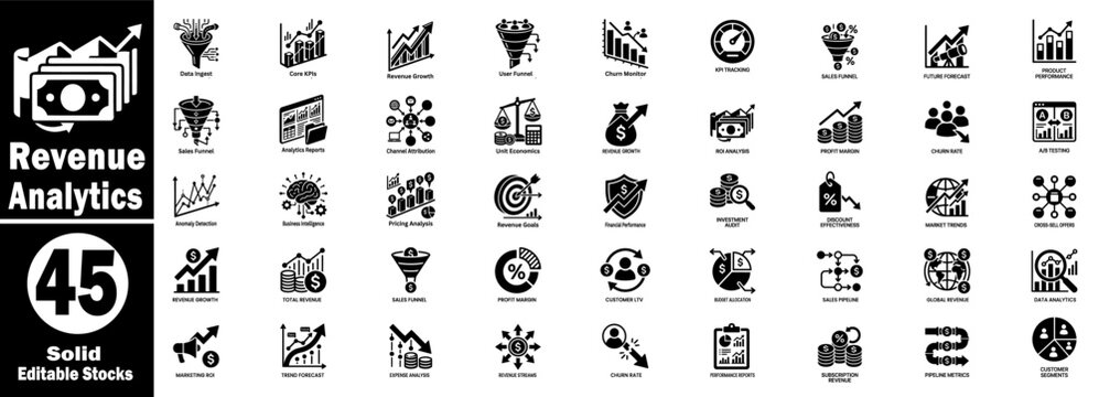 Revenue analytics icons set. Including data ingest kpi tracking, churn monitor, sales funnel unit economics, and roi analysis.
