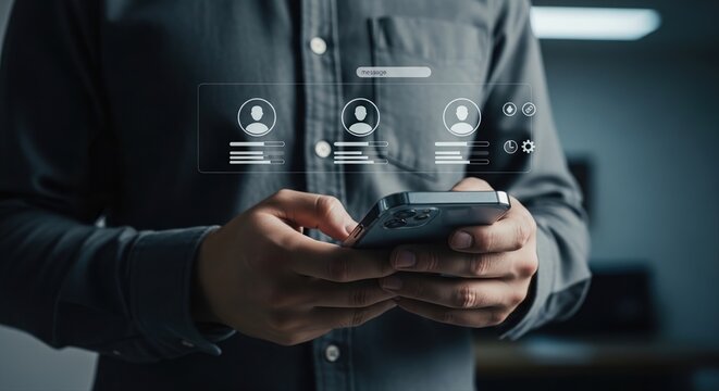 Person using smartphone with holographic messaging interface in modern office environment