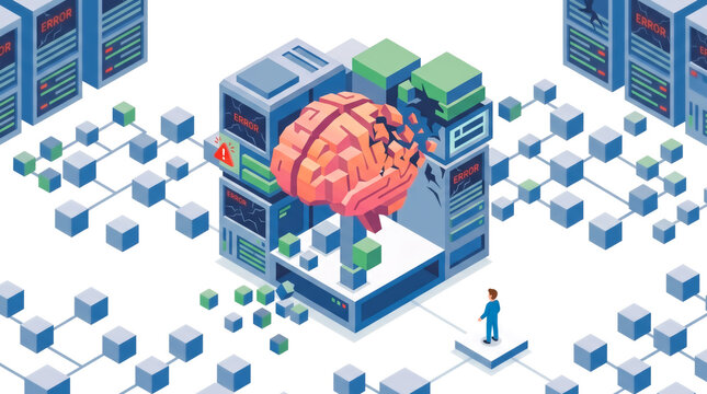 Brain server network failure. Digital overload and error concept.