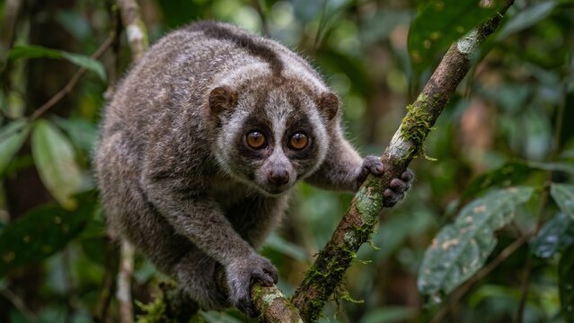 Candid close-up photograph of a Javan slow loris looking forward while gripping a branch in the rainforest.