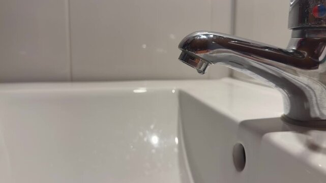 Gotas de agua cayendo desde un grifo en c&aacute;mara lenta en primer plano.