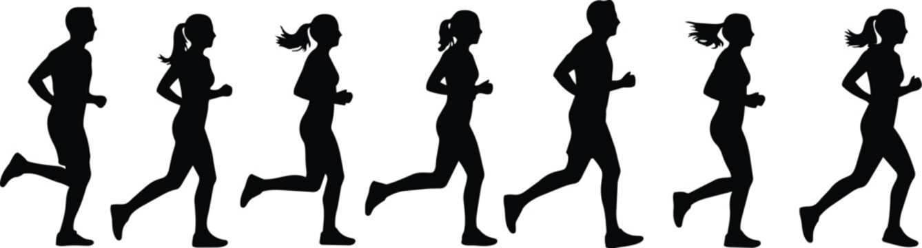 Set of black vector silhouettes of men and women running, isolated on white background