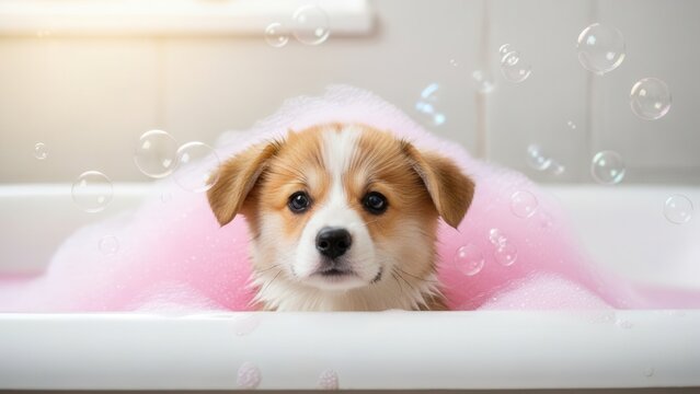 Cute puppy in pink bubble bath with bubbles