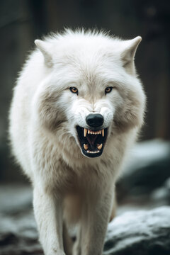 A powerful white arctic wolf walks forward, baring its sharp teeth in an aggressive growl with an open mouth, showcasing an intense and fierce expression in winter