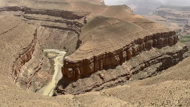 Layered canyon landscape and eroded plateaus in Upper Dades Valley Morocco