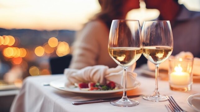 Romantic dinner setting with wine glasses and blurred couple kissing at sunset. Elegant evening atmosphere with candlelight, city lights and fine dining on rooftop terrace