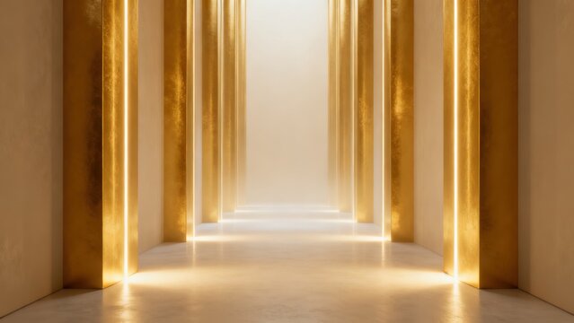 Golden illuminated corridor with pillars