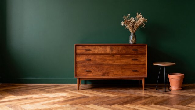 Wooden dresser with vase and stool