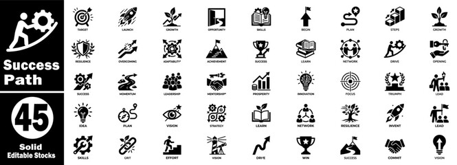 Obraz premium Achievement icons set. Solid style for success path, career advancement, leadership skills, and professional growth collection.