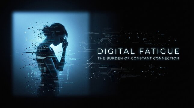 A person stands in a dark space with a blue light glow, reflecting on the challenges of constant digital connection and its effects.