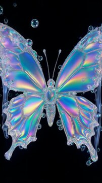 Delicate abstract butterfly formed by flowing liquid opal and iridescent pearlescent fluid