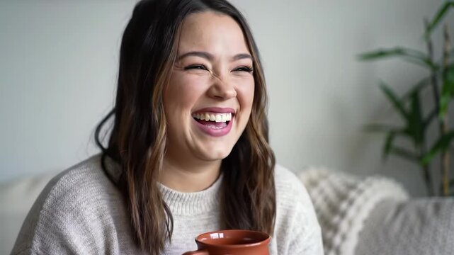 A young woman with natural hair holds a terracotta mug, her serene smile blooming into radiant joy in a sun-drenched minimalist space with creamy bokeh. Subtle dolly video captures personal