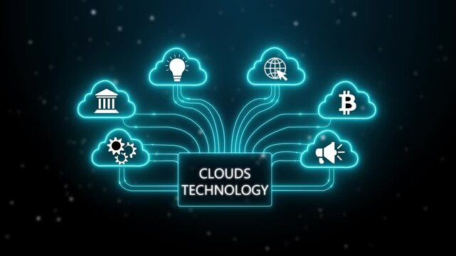 Interface showcasing cloud technology and data analytics. performance metrics, and business insights from large data sets ,network , business ,technology concept glowing 4k video animation