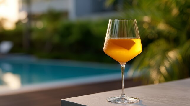 Close up of refreshing orange cocktail in wine glass. Warm golden hour light illuminates drink against blurred background of blue swimming pool green tropical foliage