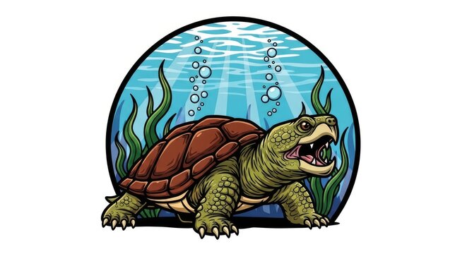 Aggressive snapping turtle mascot illustration in underwater circular frame.