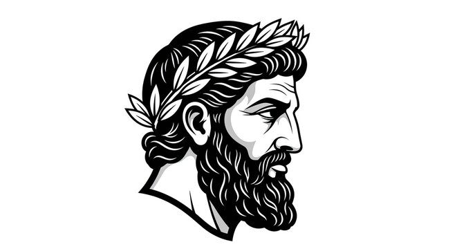 Black and white ancient Greek philosopher head profile.