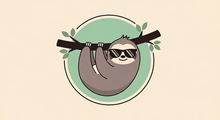 Fototapeta premium Cool cartoon sloth wearing sunglasses on a branch.