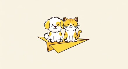 Fototapeta premium Cute cartoon cat and dog flying in paper airplane.