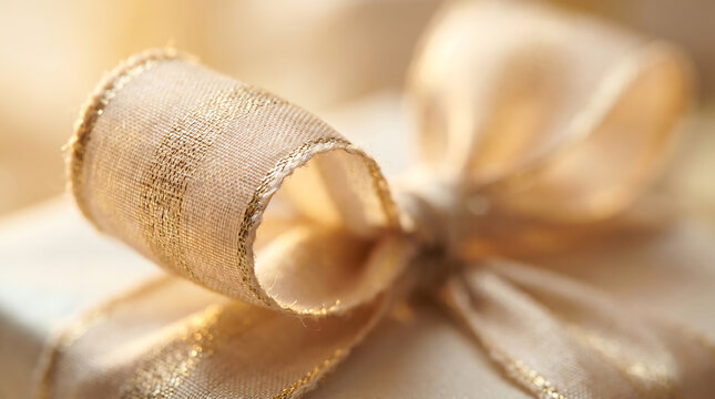 Extreme Macro Close-Up of Champagne Silk Ribbon Bow on Luxury Gift Package with Golden Bokeh